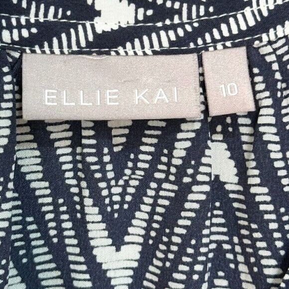 Ellie Kai Blue White Pattern Silk Long Sleeve Blouse Size 10 - Picture 2 of 7